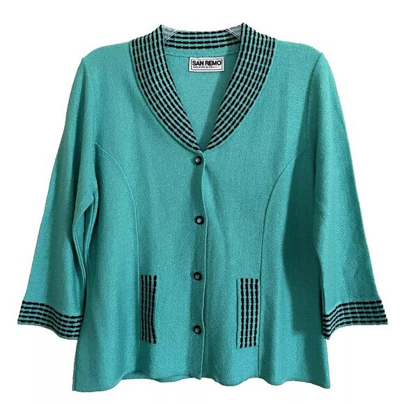 Vintage San Remo Green Cardigan Sweater Jacket Medium Rockabilly Retro - Picture 1 of 9